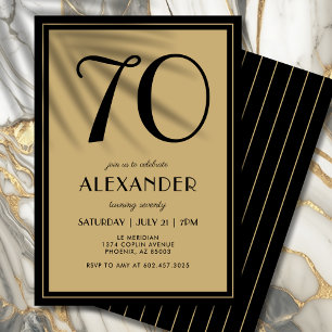 70th Birthday Adult Black and Gold Modern Minimal  Invitation