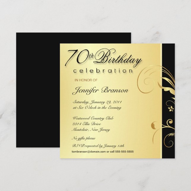 70th Birthday Adult - Elegant Gold Floral Invites (Front/Back)