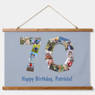 70th Birthday Age 70 Number Photo Collage Blue Hanging Tapestry