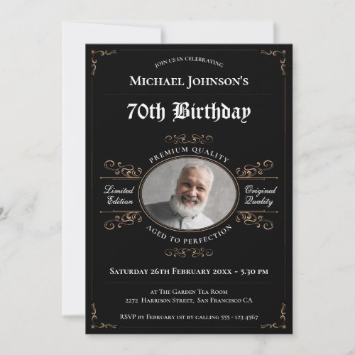 70th Birthday Aged to Perfection Black Gold Classy Invitation