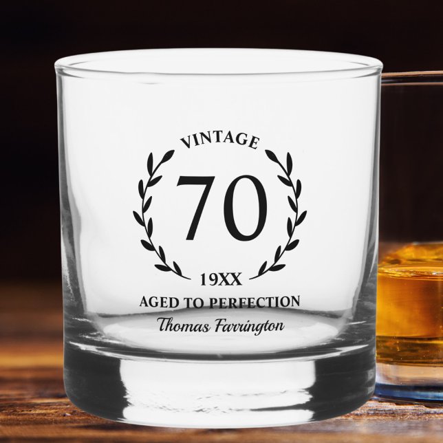 70th Birthday Aged to Perfection Custom Name Year Whiskey Glass (Creator Uploaded)