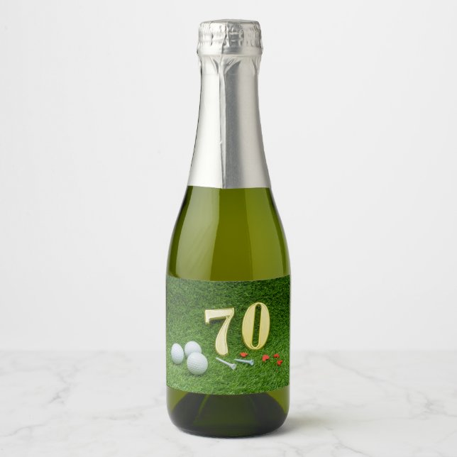 70th birthday anniversary with golf ball on green sparkling wine label (Front)