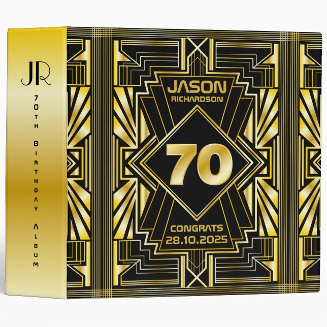 70th Birthday Art Deco Gold Black Great Gatsby 3 Ring Binder (Front/Spine)