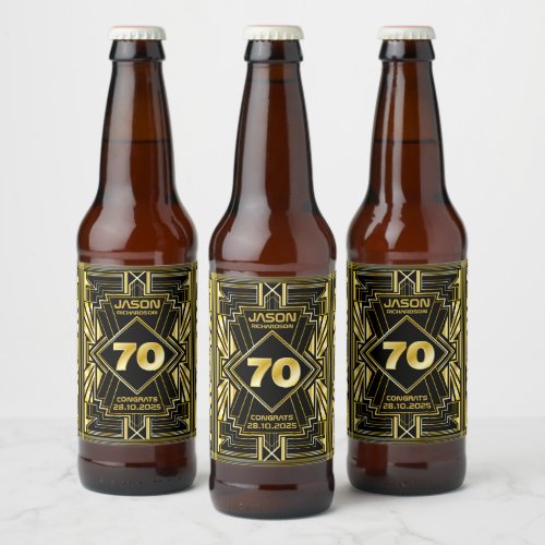 70th Birthday Art Deco Gold Black Great Gatsby Beer Bottle Label