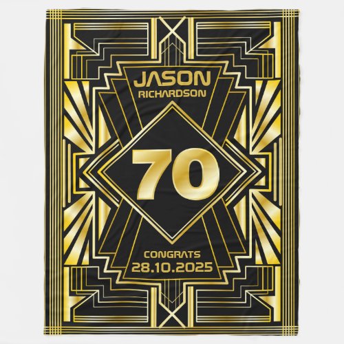 70th Birthday Art Deco Gold Black Great Gatsby Fleece Blanket