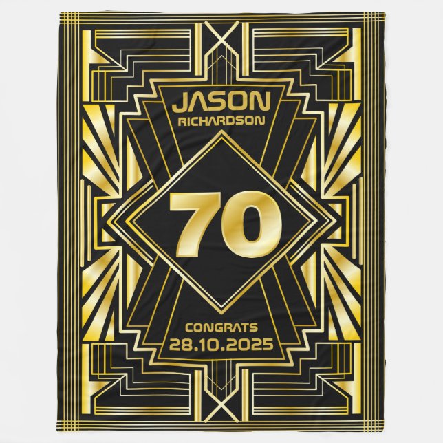 70th Birthday Art Deco Gold Black Great Gatsby Fleece Blanket (Front)
