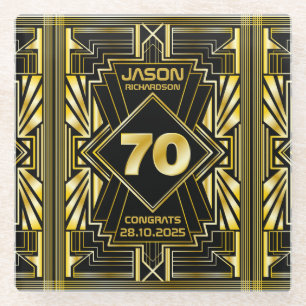70th Birthday Art Deco Gold Black Great Gatsby Glass Coaster