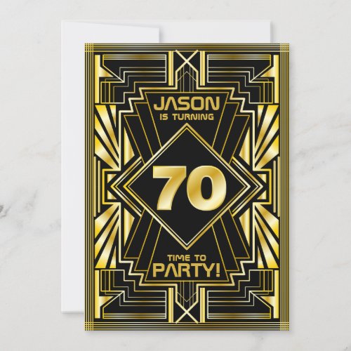 70th Birthday Art Deco Gold Black Great Gatsby Invitation