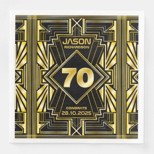 70th Birthday Art Deco Gold Black Great Gatsby Paper Dinner Napkins