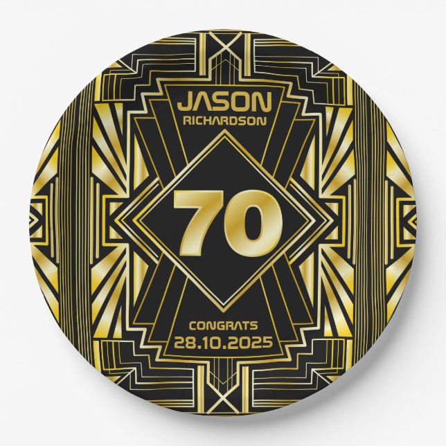 70th Birthday Art Deco Gold Black Great Gatsby Paper Plates (Front)