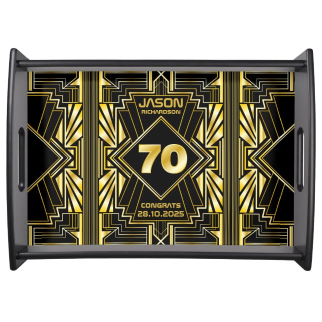 70th Birthday Art Deco Gold Black Great Gatsby Serving Tray (Front)