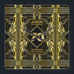 70th Birthday Art Deco Gold Black Great Gatsby Square Wall Clock<br><div class="desc">Celebrate your milestone birthday in style with this unique Art Deco-style,  Great Gatsby-inspired design featuring geometric shapes in bright gold over black background. An elegant,  classy,  gender neutral look perfect for commemorating that special birthday with the jazz-infused taste of the Roaring Twenties.</div>