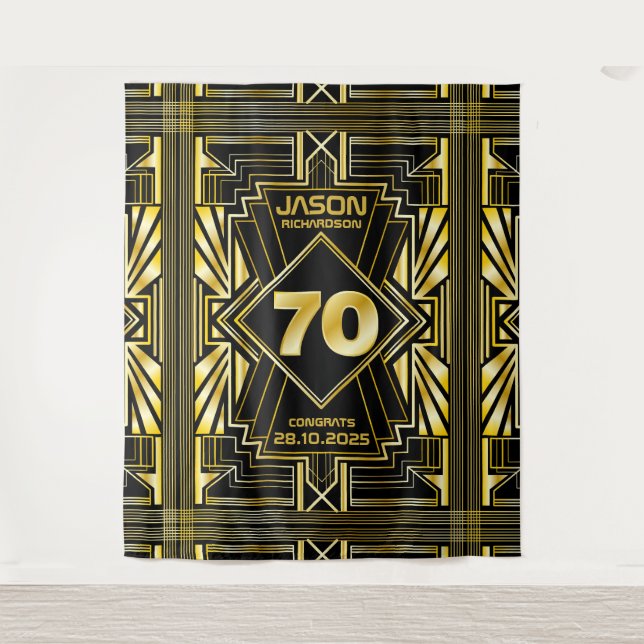 70th Birthday Art Deco Gold Black Great Gatsby Tapestry (Front)