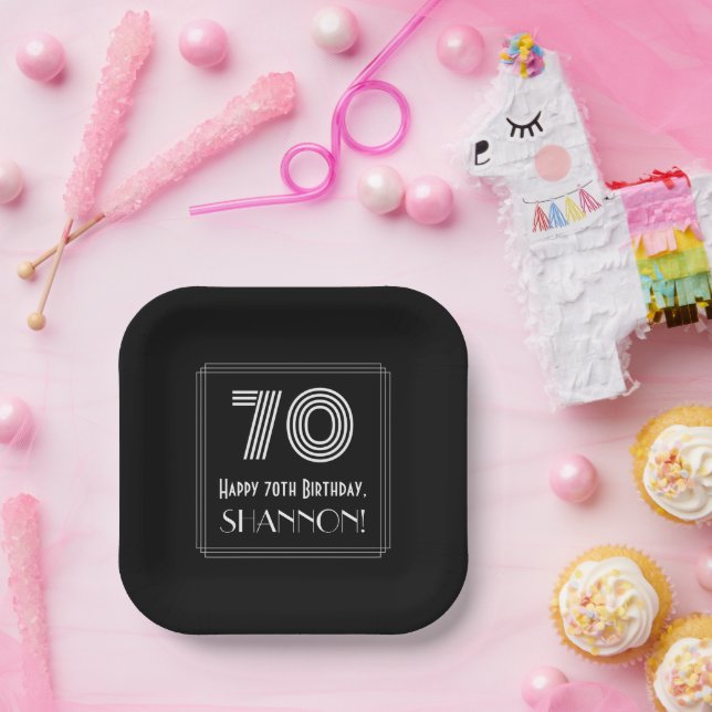 70th Birthday — Art Deco Inspired Look “70” + Name Paper Plates (Party)