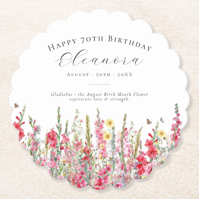 70th Birthday August Birth Flower Custom Paper Coaster (Front)