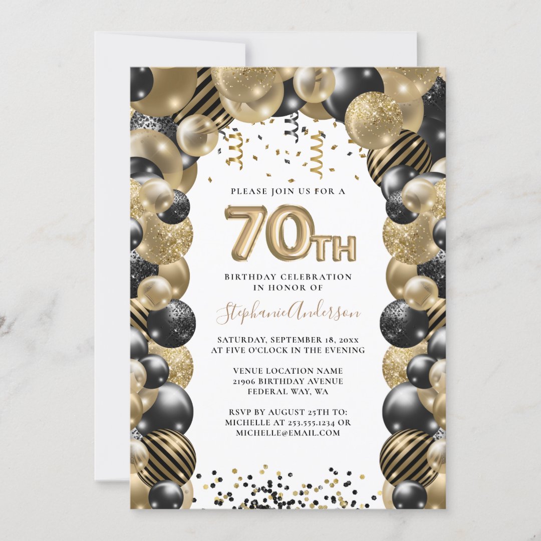 70th Birthday Balloon Gold Black Sparkle Invitation | Zazzle