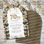 70th Birthday Balloon Gold Black Sparkle Invitation<br><div class="desc">This elegant 70th birthday invitation features sparkling glitter balloon arch in various shades of gold and black with gold balloon number 70th. Falling streamers and confetti in black and gold complete the party vibe. Back features gold sparkling background and black stripes. Easy to customize by clicking "Personalize".</div>