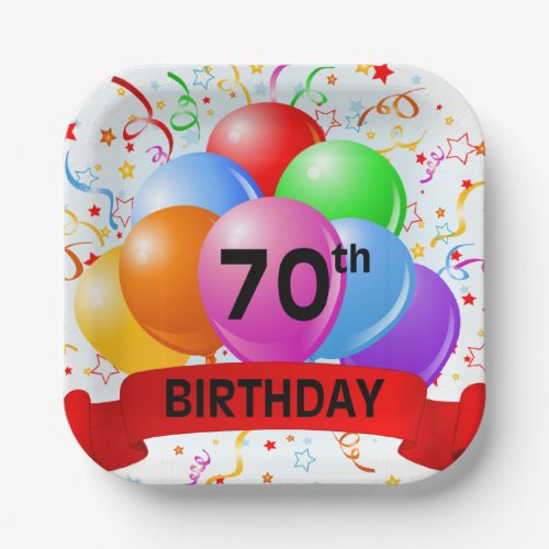70th Birthday Balloons Banner Paper Plates