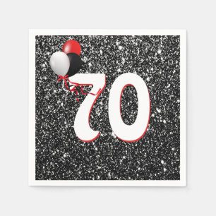 70th Birthday Balloons on Black Glitter Napkins