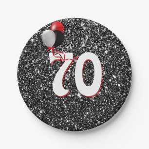 70th Birthday Balloons on Black Glitter Paper Plates