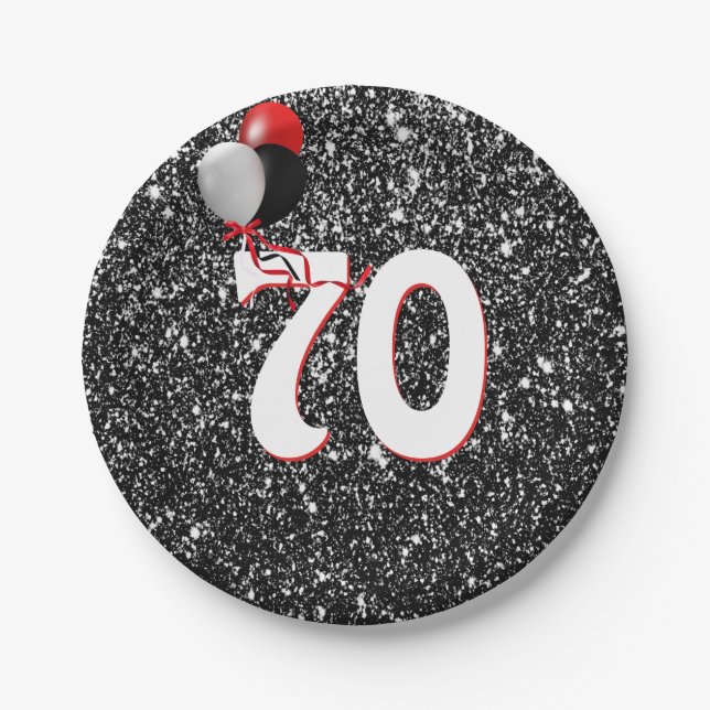 70th Birthday Balloons on Black Glitter Paper Plates (Front)