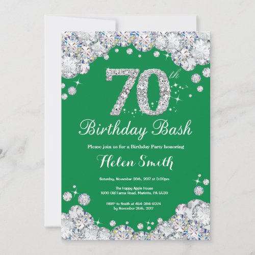 70th Birthday Bash Green and Silver Diamond Invitation