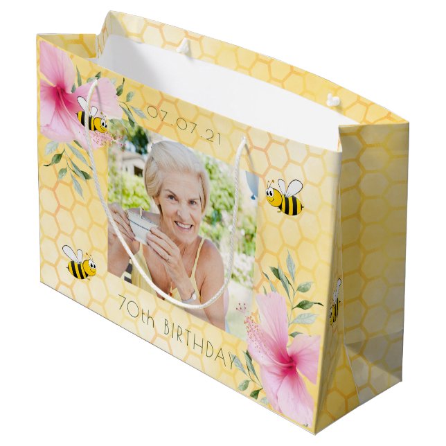 70th birthday bees honeycomb flowers photo large gift bag (Back Angled)