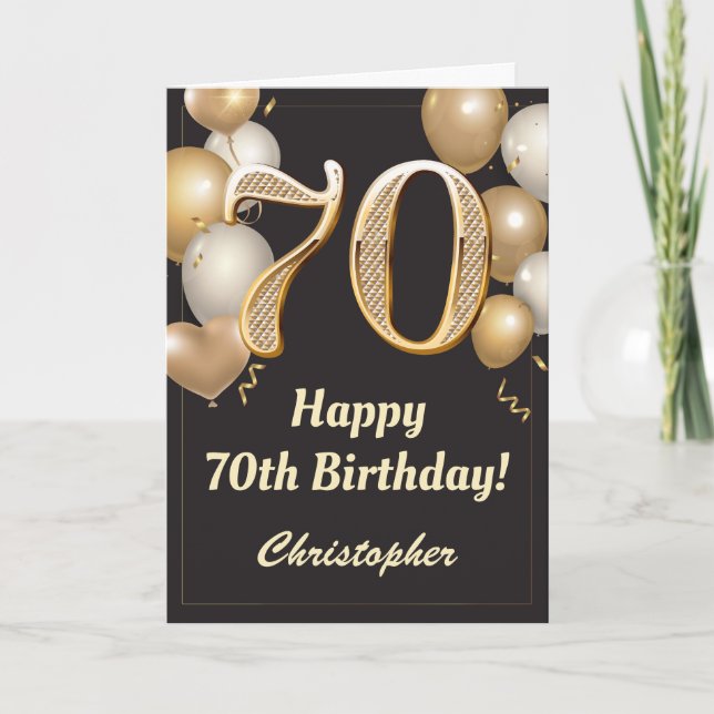 70th Birthday Black and Gold Balloons Confetti Card (Front)