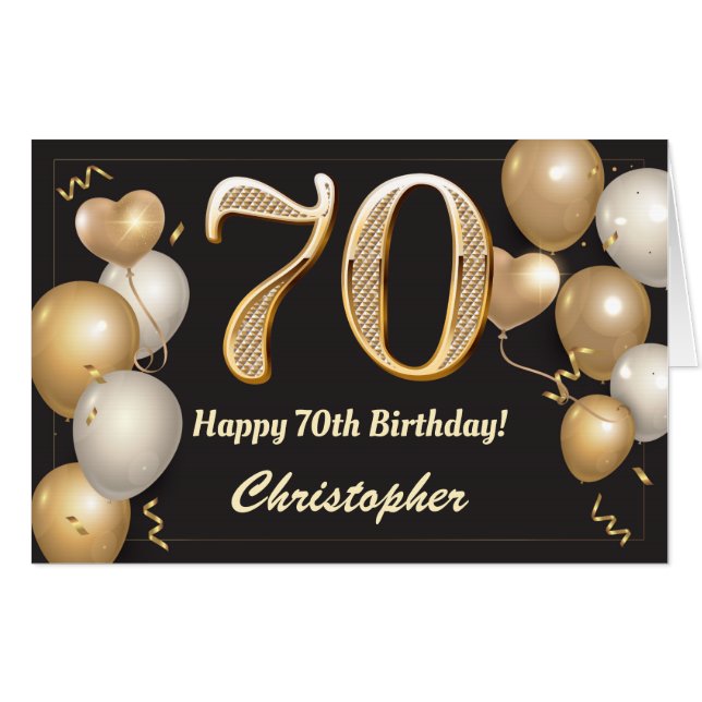 70th Birthday Black and Gold Balloons Extra Large Card (Front Horizontal)