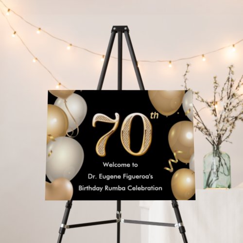 70th Birthday Black and Gold Balloons Welcome Sign
