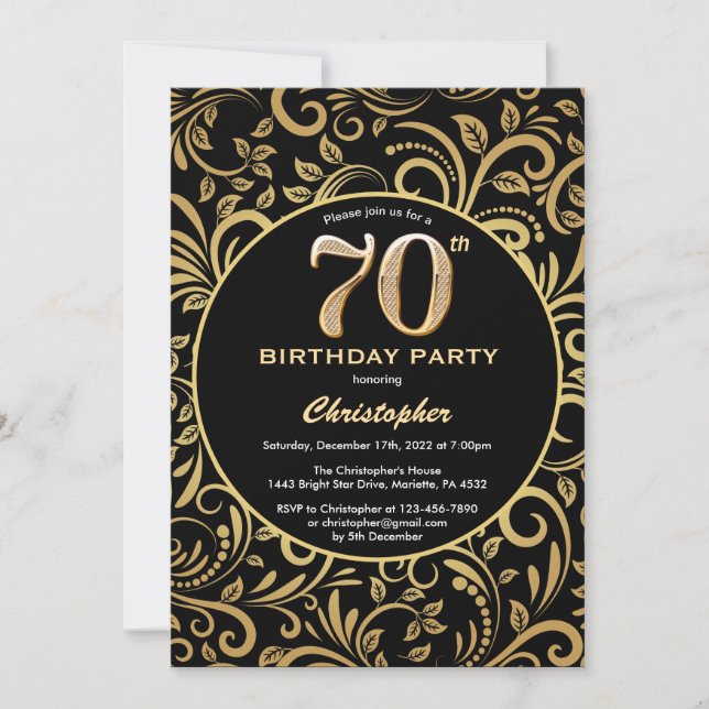 70th Birthday Black and Gold Floral Pattern Invitation (Front)
