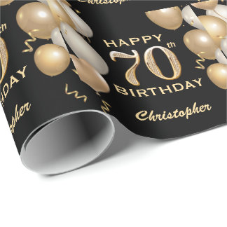 70th Birthday Black and Gold Glitter Balloons Wrapping Paper