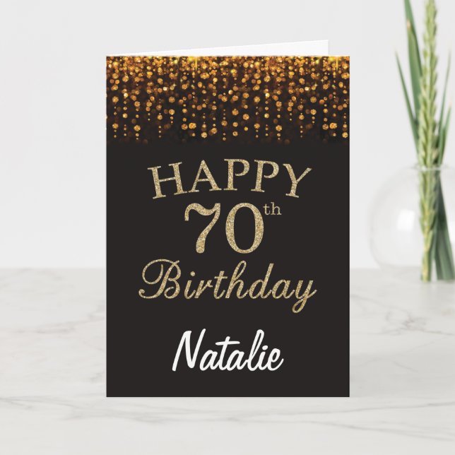 70th Birthday Black and Gold Glitter Card (Front)