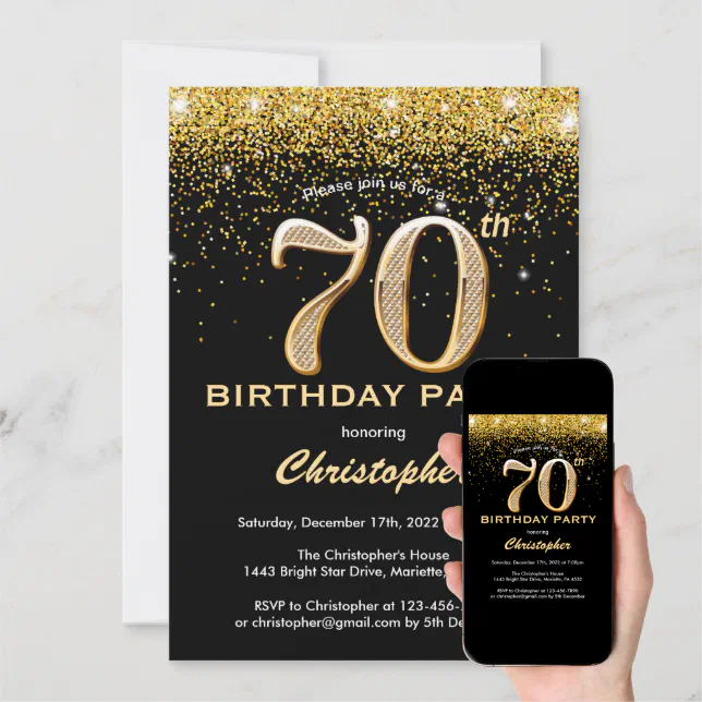 70th Birthday Black and Gold Glitter Confetti Invitation | Zazzle