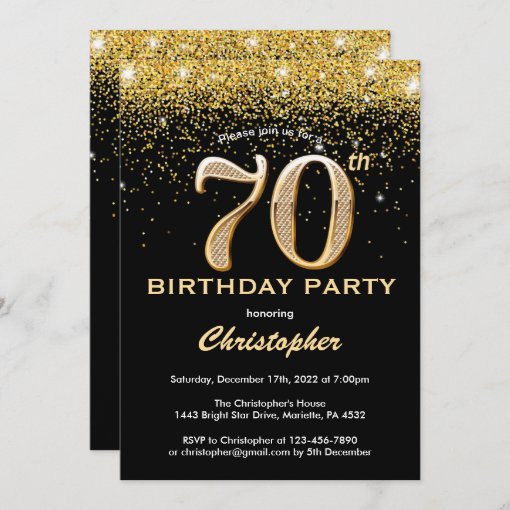 70th Birthday Black and Gold Glitter Confetti Invitation | Zazzle