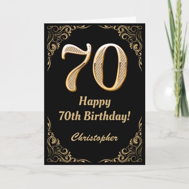 70th Birthday Black and Gold Glitter Frame Card (Front)
