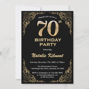 70th Birthday Black and Gold Glitter Frame Invitation