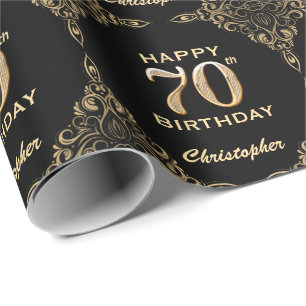 70th Birthday Black and Gold Glitter Frame Wrapping Paper