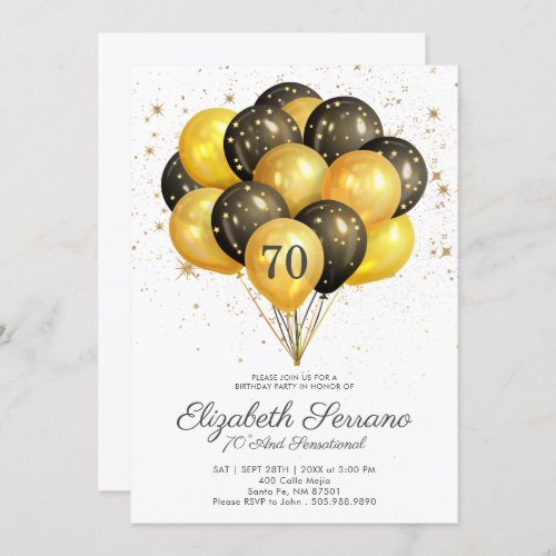 70th Birthday Black And Gold Glitter Invitation