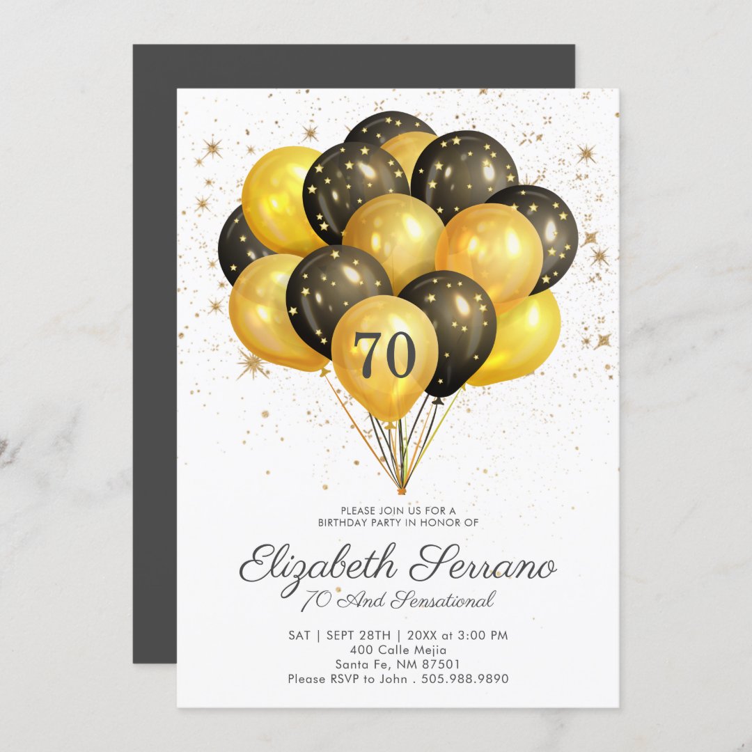 70th Birthday Black And Gold Glitter Invitation | Zazzle