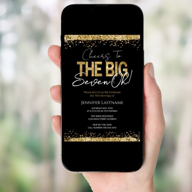 70th Birthday Black and Gold Invitation (Front Digital)