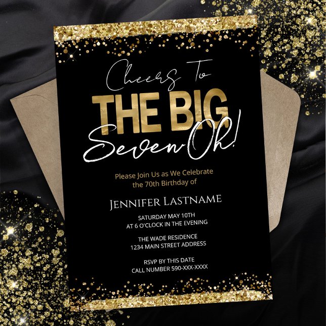 70th Birthday Black and Gold Invitation (Creator Uploaded)