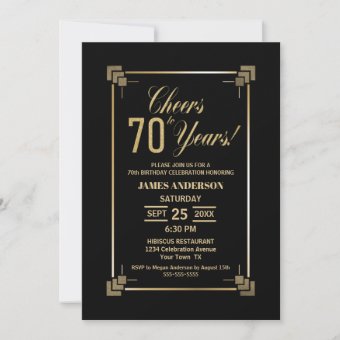 70th Birthday Black and Gold Party Invitation | Zazzle