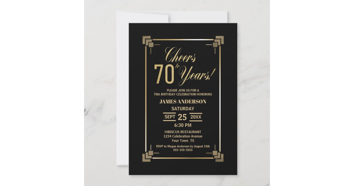 70th Birthday Black and Gold Party Invitation | Zazzle