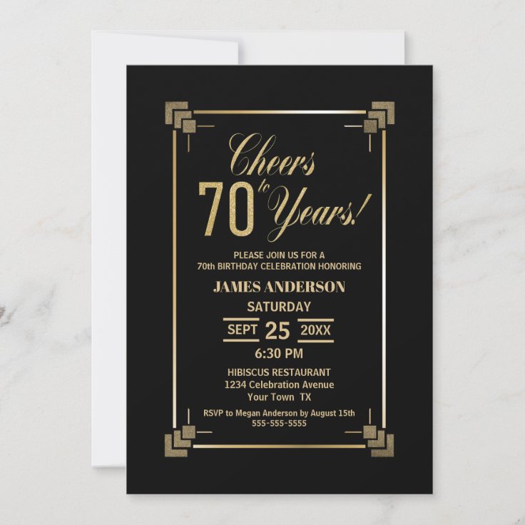 70th Birthday Black And Gold Party Invitation 