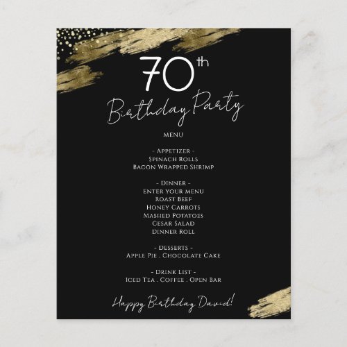 70th Birthday Black and Gold Party Menu Flyer