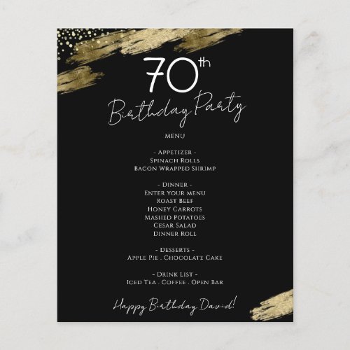 70th Birthday Black and Gold Party Menu Flyer