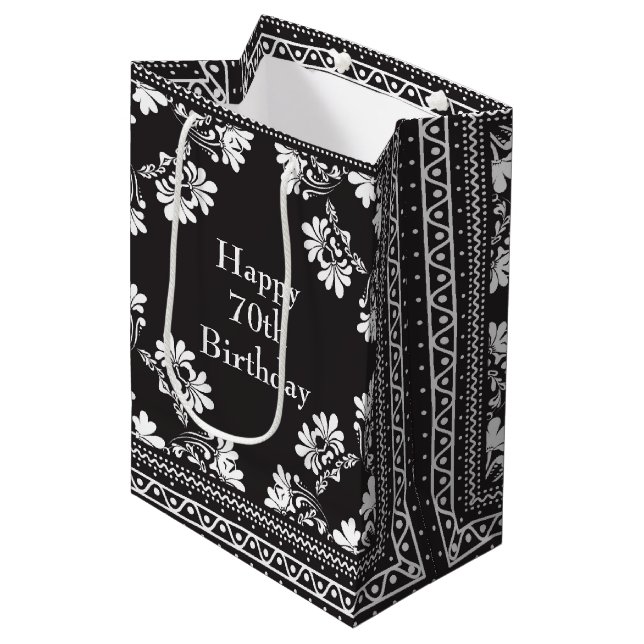 70th Birthday Black and White Bandanna Medium Gift Bag (Front Angled)