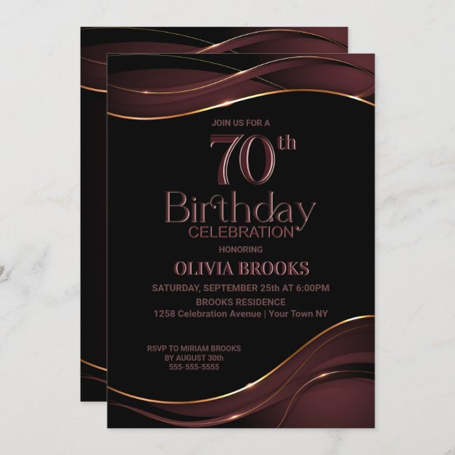 70th Birthday Black Dusty Pink Party Invitation (Front/Back)
