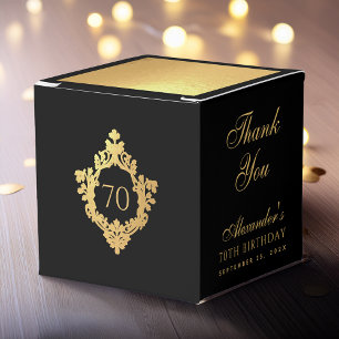 70th Birthday Black Faux Gold Foil Crest Thank You Favor Boxes
